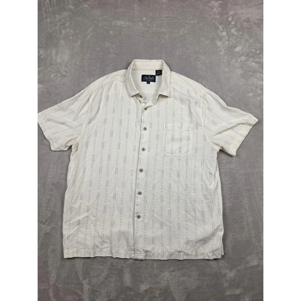 Nat Nast Button Up Shirt Mens Large Cream Silk Cotton Geometric Short Sleeve